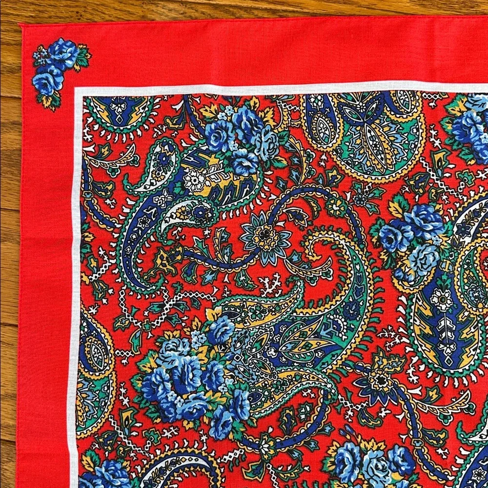 NWOT‎ Vtg 70s/80s Wamcraft Red & Blue Floral Paisley Cotton/Polyester Bandanna